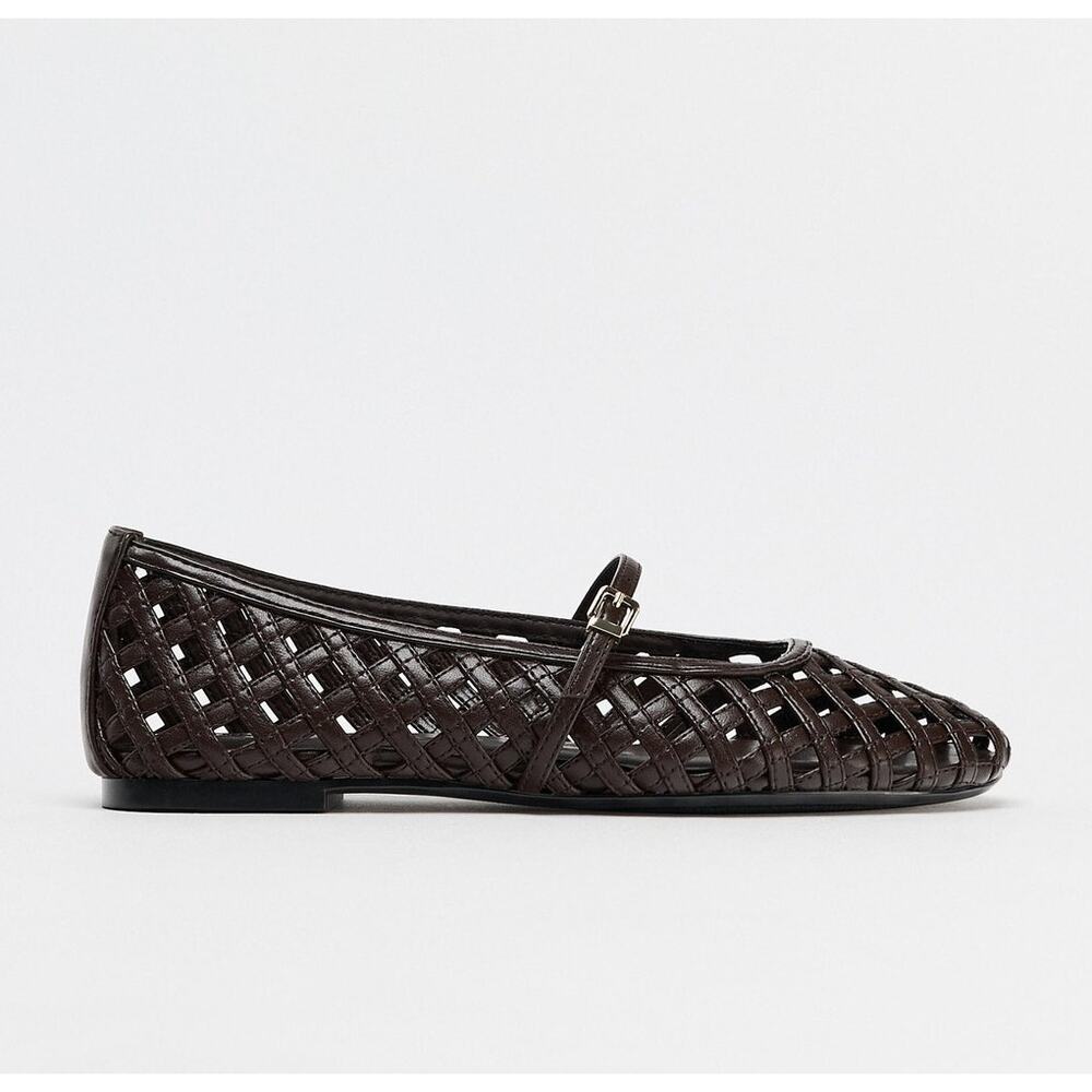 Zara Dark Brown Woven Mary Jane Flats - Picture 9 of 14